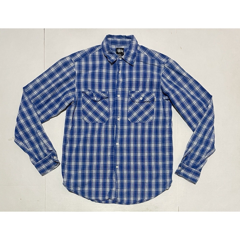 Stussy Plaid Button Up Shirt Mens Medium Blue White Cotton Long Sleeve Skate Y2K